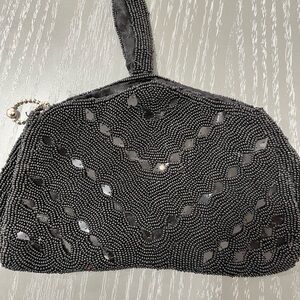 “Midnight Chevron “ Chic Black Beaded Wristlet Vintage Clutch